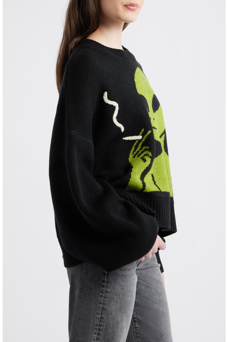 Keep Lalaland Weird Oversize Sweater, Alternate, color, BLACK WITH GREEN ALIEN