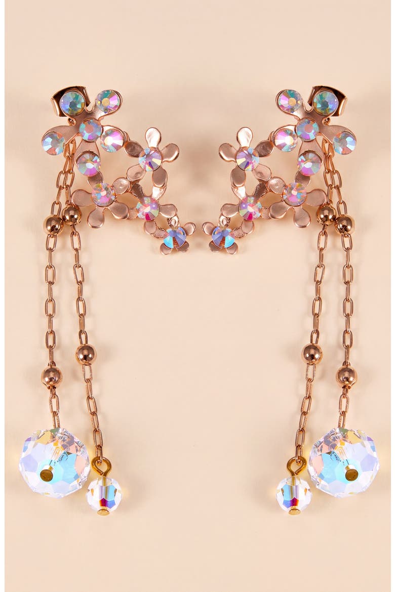 Crystal Flower Drop Earrings with Dangle Chains, Main, color, Rose Gold