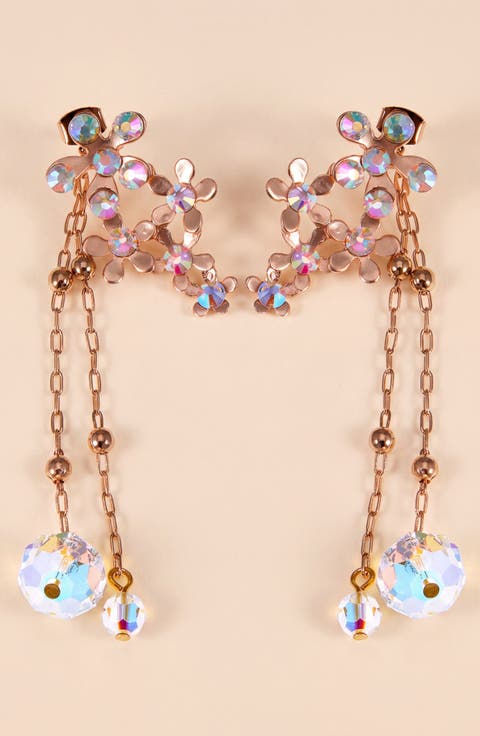 Crystal Flower Drop Earrings with Dangle Chains