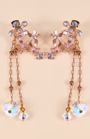 Modenaire Crystal Flower Drop Earrings with Dangle Chains
