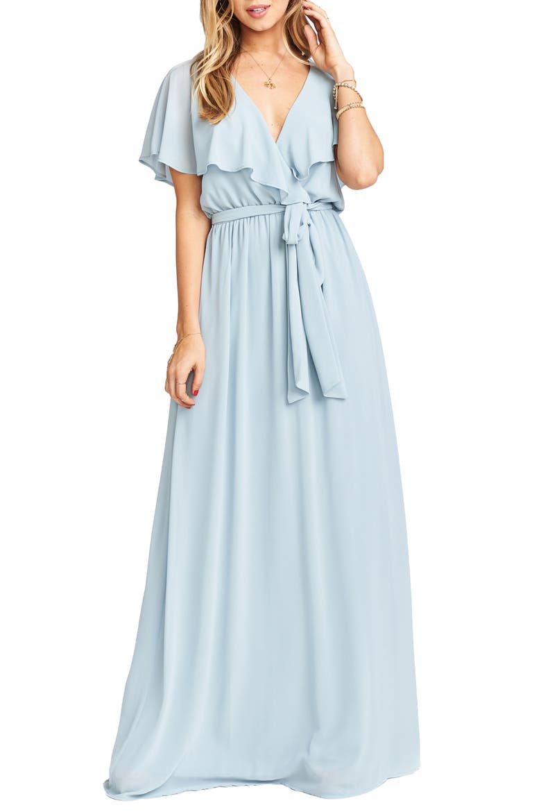 Audrey Ruffle Wrap Front Gown, Main, color, STEEL BLUE CHIFFON