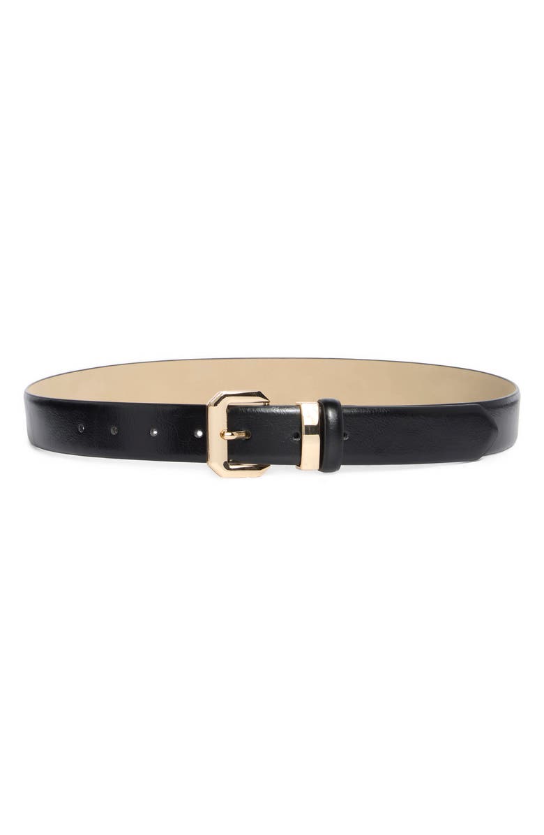 Vince Camuto Bevel Edge Buckle Faux Leather Belt, Main, color, Black Gold