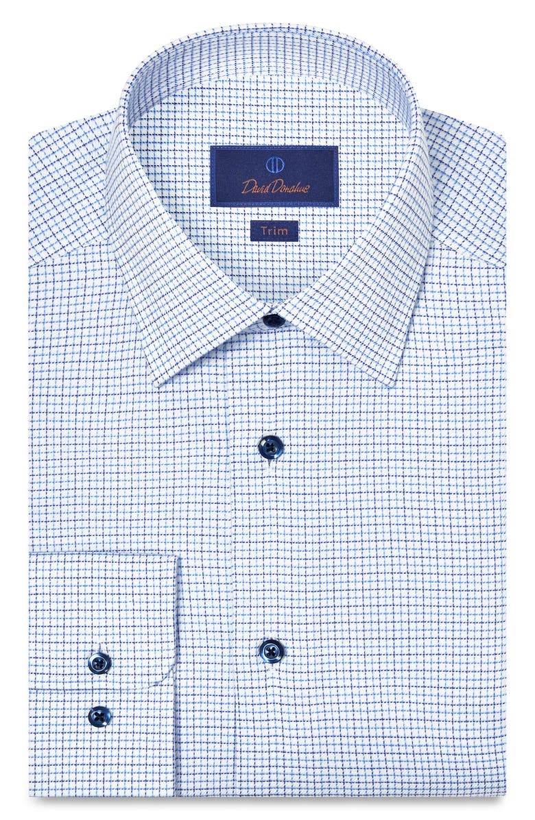 David Donahue Trim Fit Microcheck Stretch Cotton Twill Dress Shirt, Main, color, White/ Blue