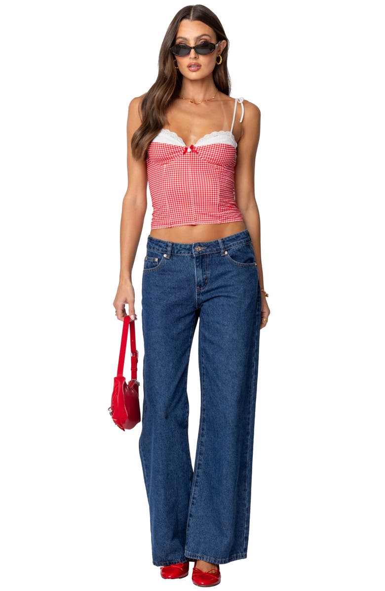 EDIKTED Peekaboo Lacy Gingham Corset Top, Alternate, color, Red