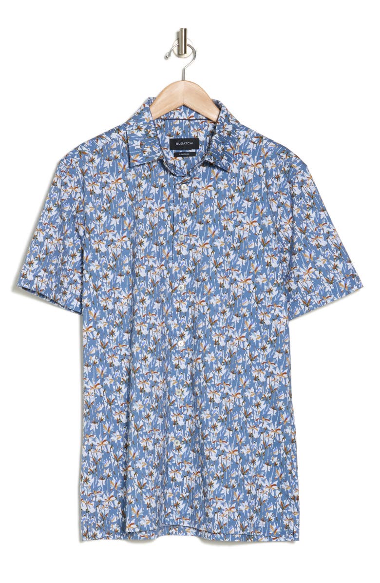 Bugatchi Trim Fit Palm Print Short Sleeve Stretch Cotton Button-Up Shirt, Alternate, color, Air Blue