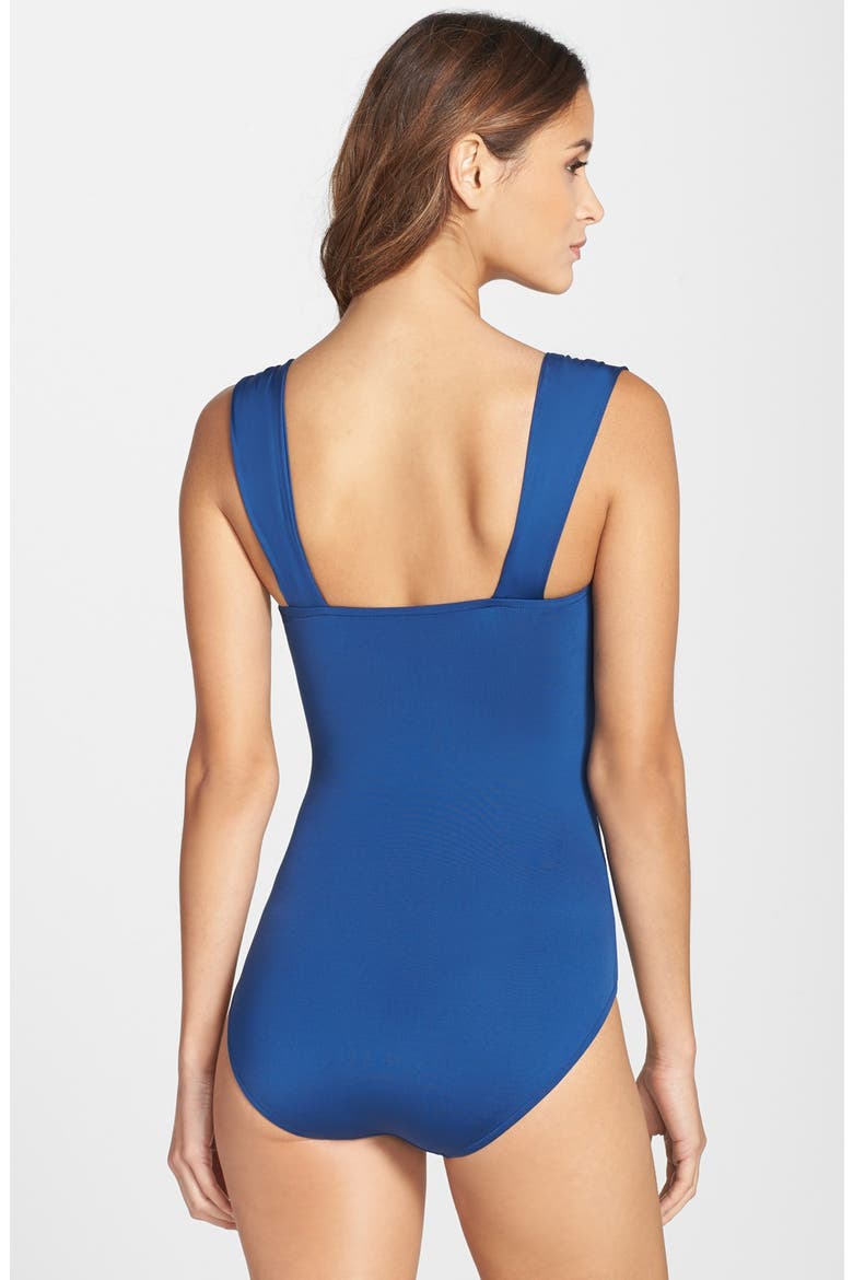Badgley Mischka Shirred Maillot, Alternate, color, STEEL BLUE