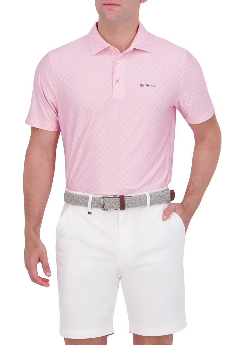 Checkered Print Stretch Tech Polo, Main, color, PINK