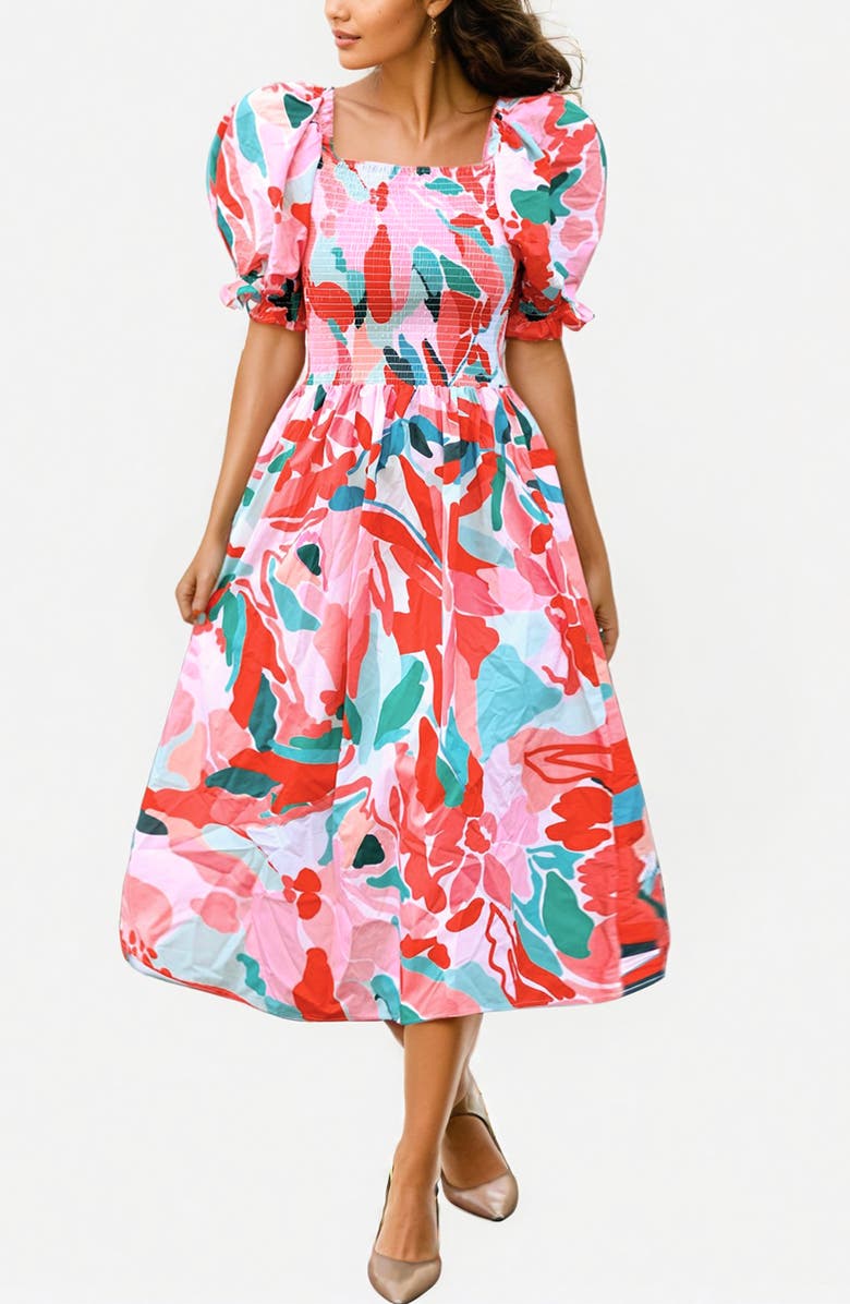 Jessie Zhao New York Marisa Watermelon Smocked Midi Dress, Main, color, Red