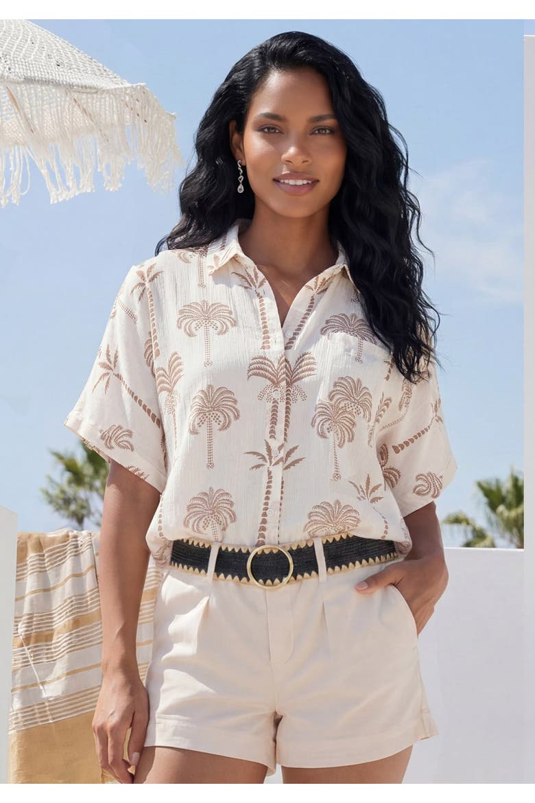 Palm Print Button Down Blouse, Alternate, color, Tan & White