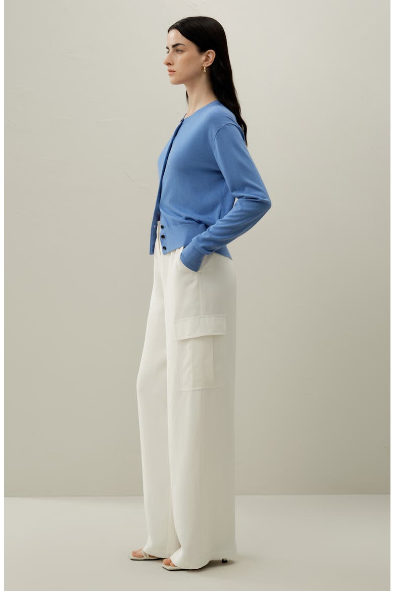 Women's Round-Neck Silk Cashmere Cardigan, Alternate, color, Azure