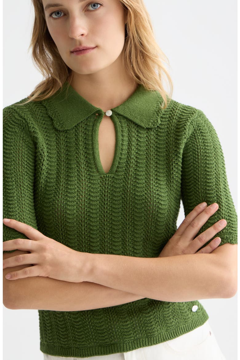Pointelle Short Sleeve Cotton Blend Sweater, Alternate, color, GARDEN GREEN