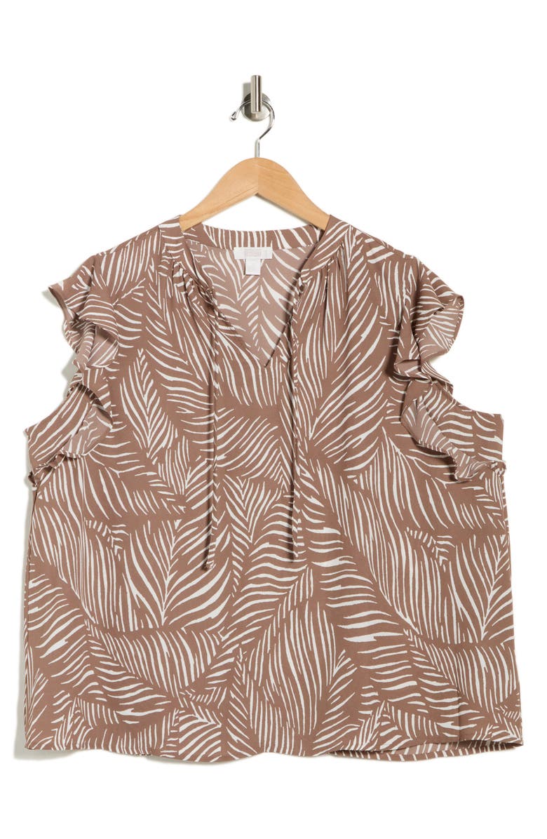 NORDSTROM RACK Ruffle Tie Neck Top, Alternate, color, Brown Lentil Palmetto Print
