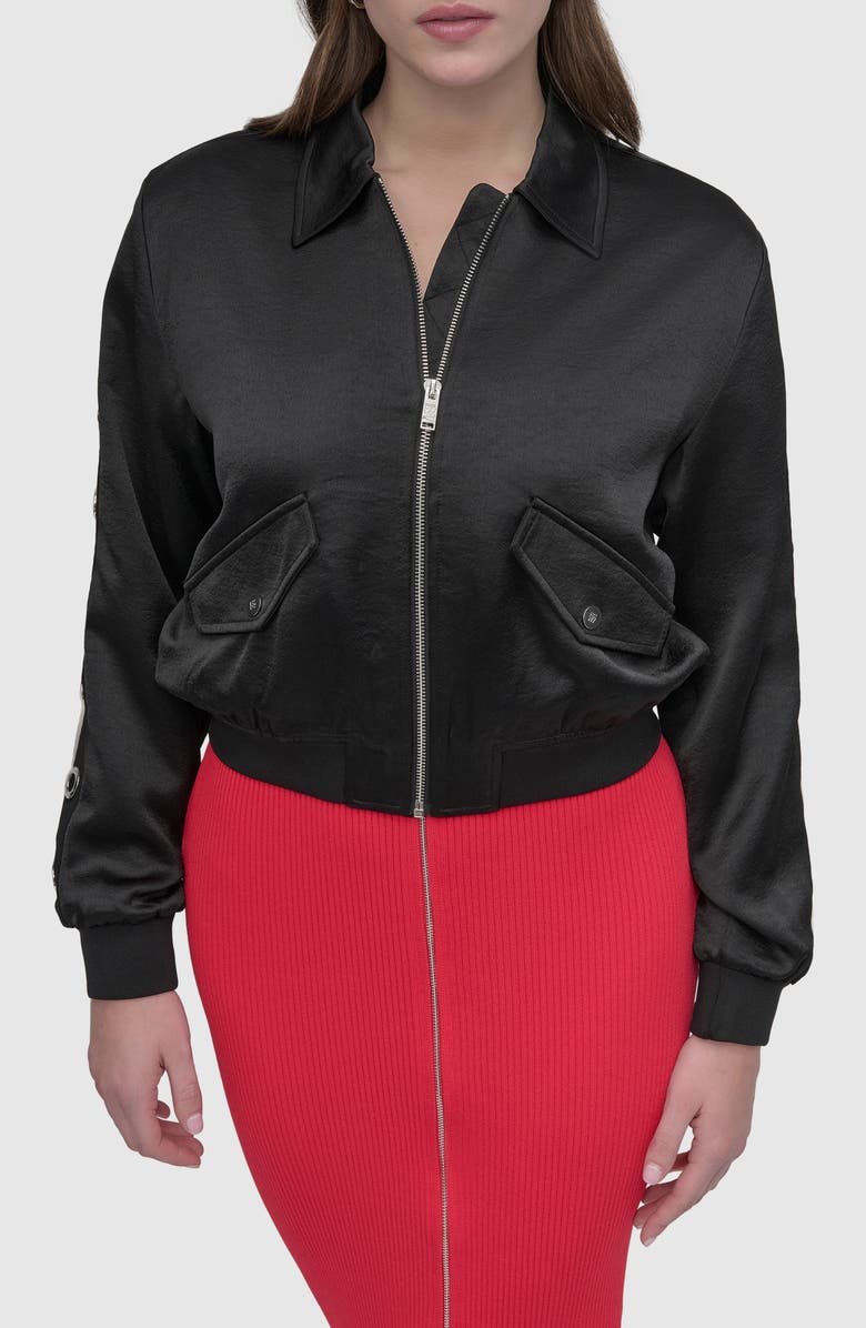 DKNY Grommet Satin Bomber, Alternate, color, Black