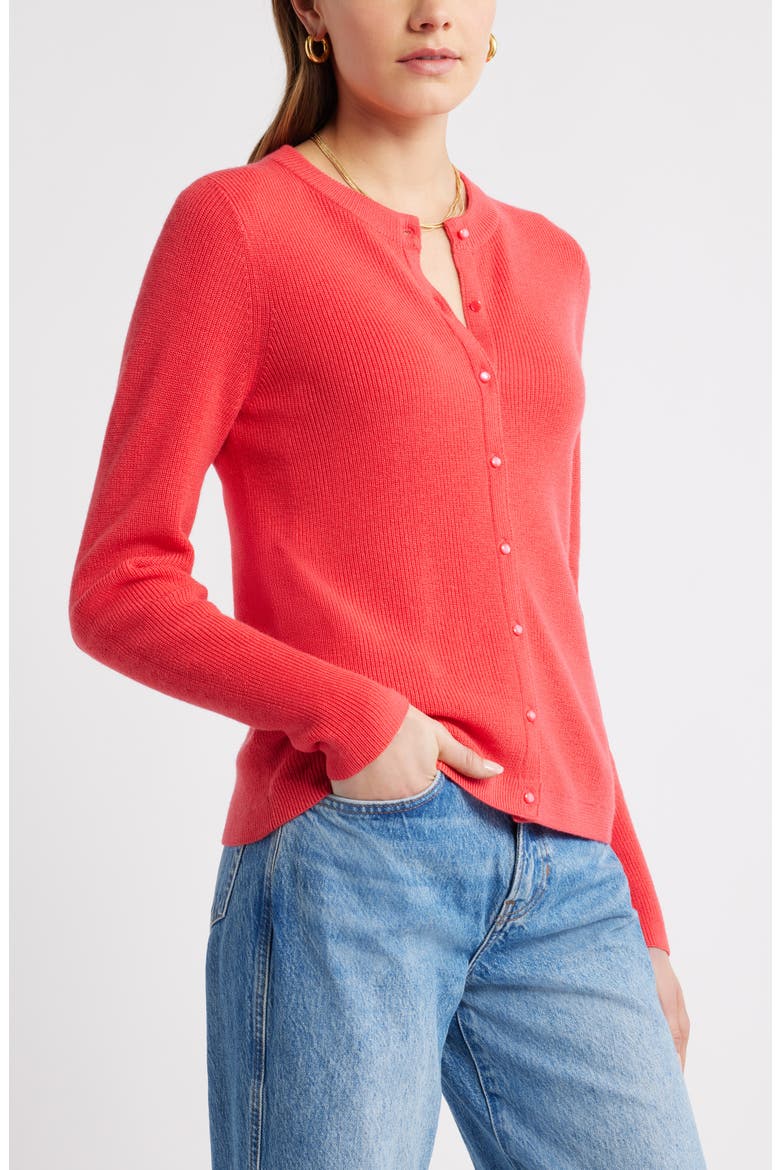 Crewneck Merino Wool Blend Cardigan, Alternate, color, RED GERANIUM