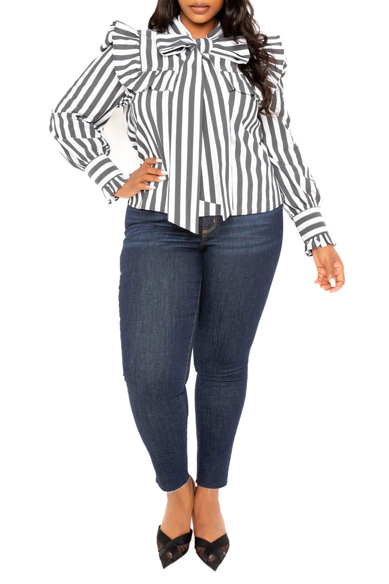 Stripe Ruffle Bow Neck Shirt, Alternate, color, BLACK