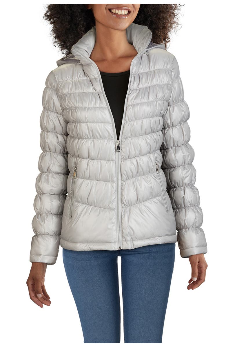 Kenneth Cole Hooded Front Zip Puffer Jacket, Main, color, Silver
