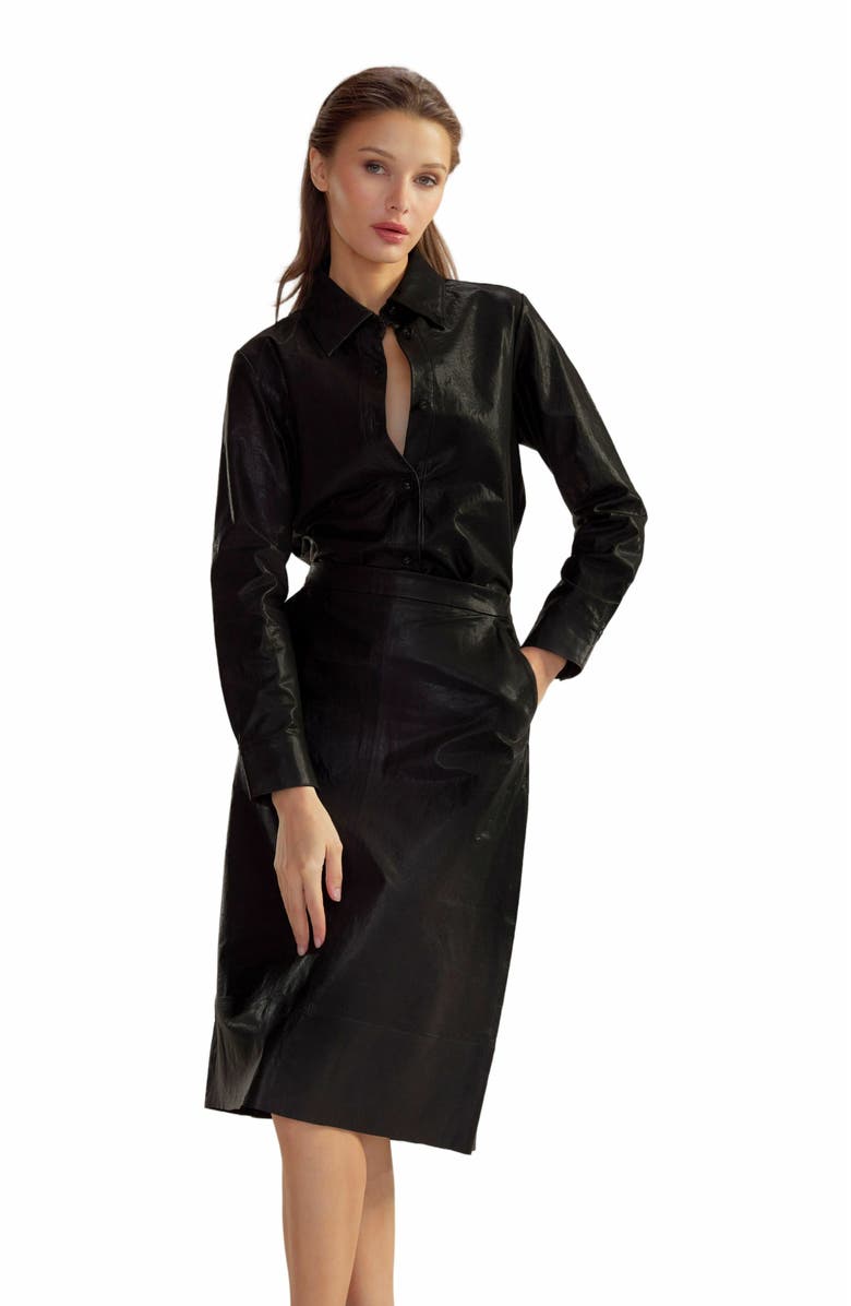 Cynthia Rowley Leather Button Up Shirt, Main, color, Black