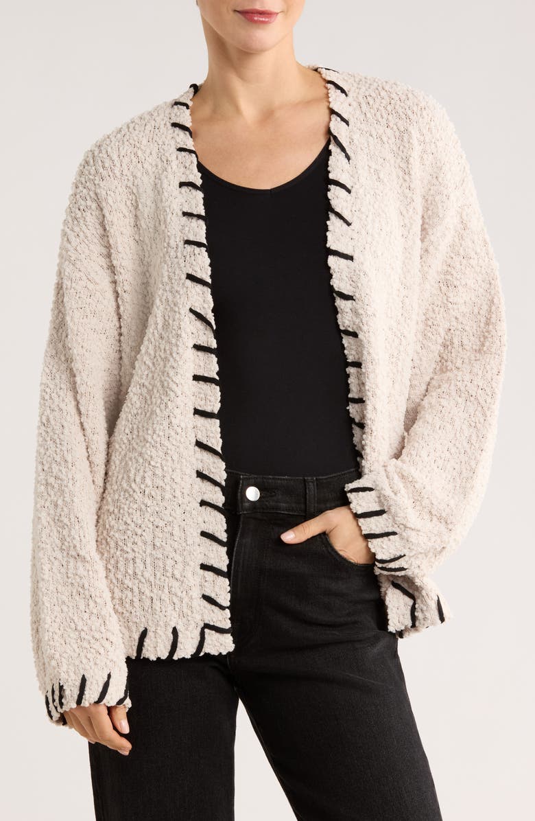 Bobeau Whipstitched Open Front Cardigan, Main, color, Cream/ Black