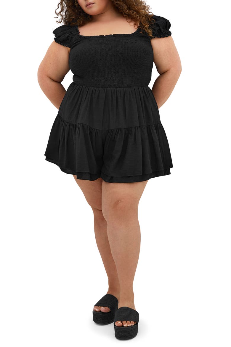 Zuri Short Sleeve Romper, Main, color, BLACK