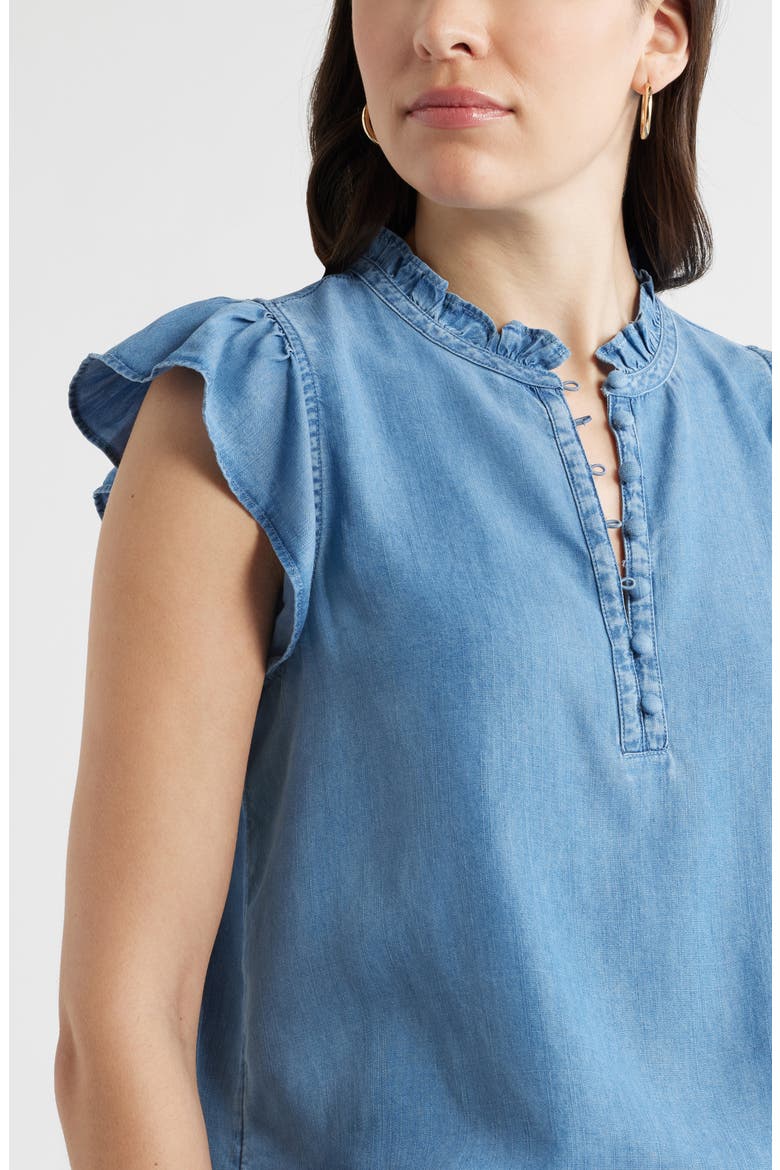 Flutter Sleeve Popover Chambray Top, Alternate, color, MEDIUM WASH