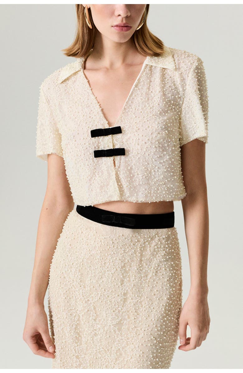 Nocturne Pearl Embellished Bow Crop Blouse, Main, color, Beige