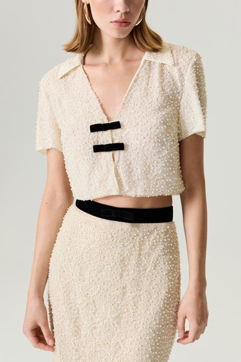 Pearl Embellished Bow Crop Blouse