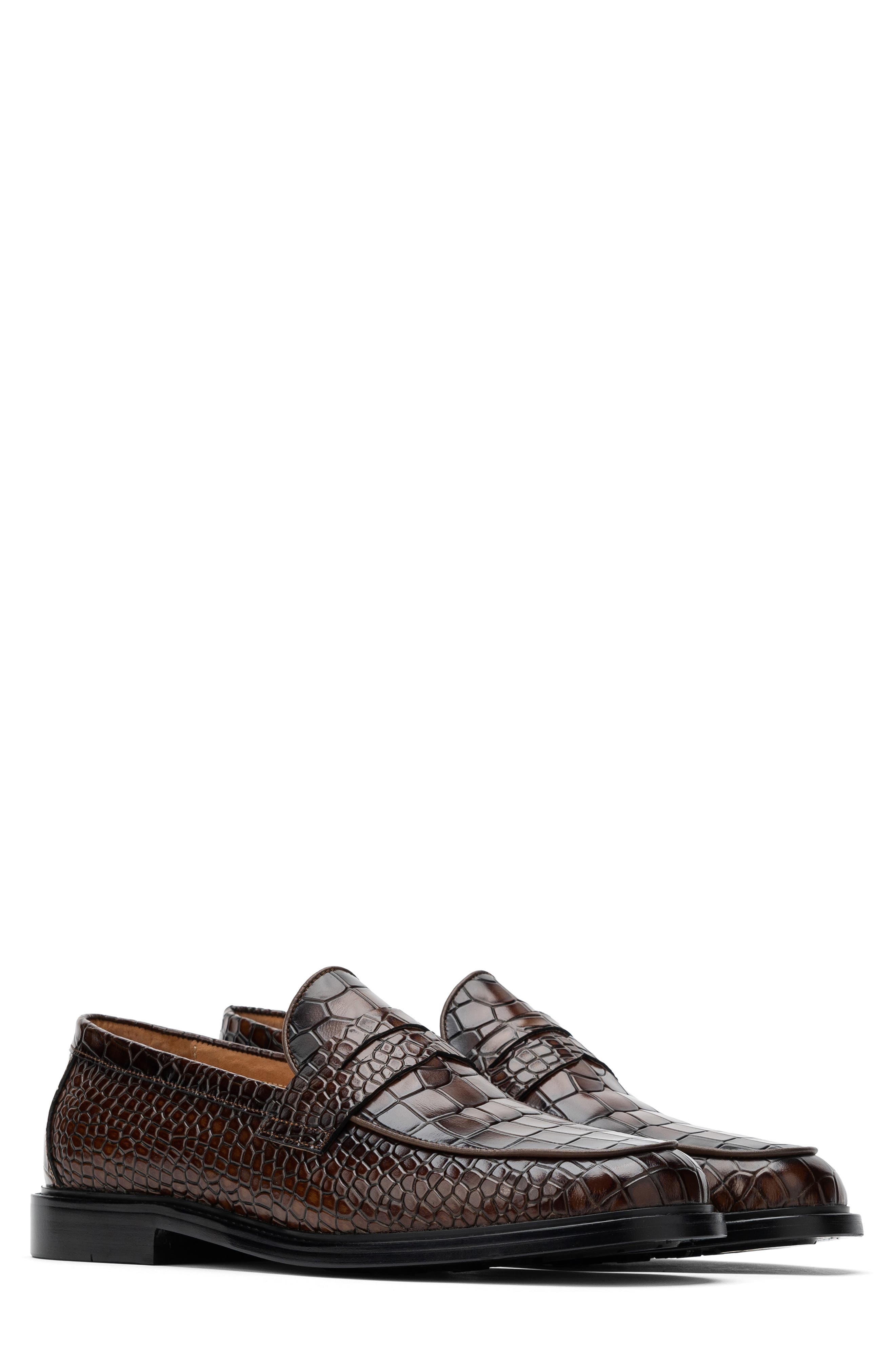 MARC NOLAN Calum Croc Embossed Penny Loafer, Main, color, Brown Croc Embossed