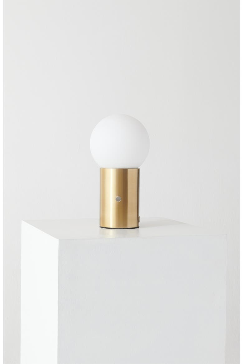 Kai 11" Modern Frosted Glass Orb Table Lamp with USB Charging Port and Built-In 3-Way Dimmer, Main, color, Antique Brass