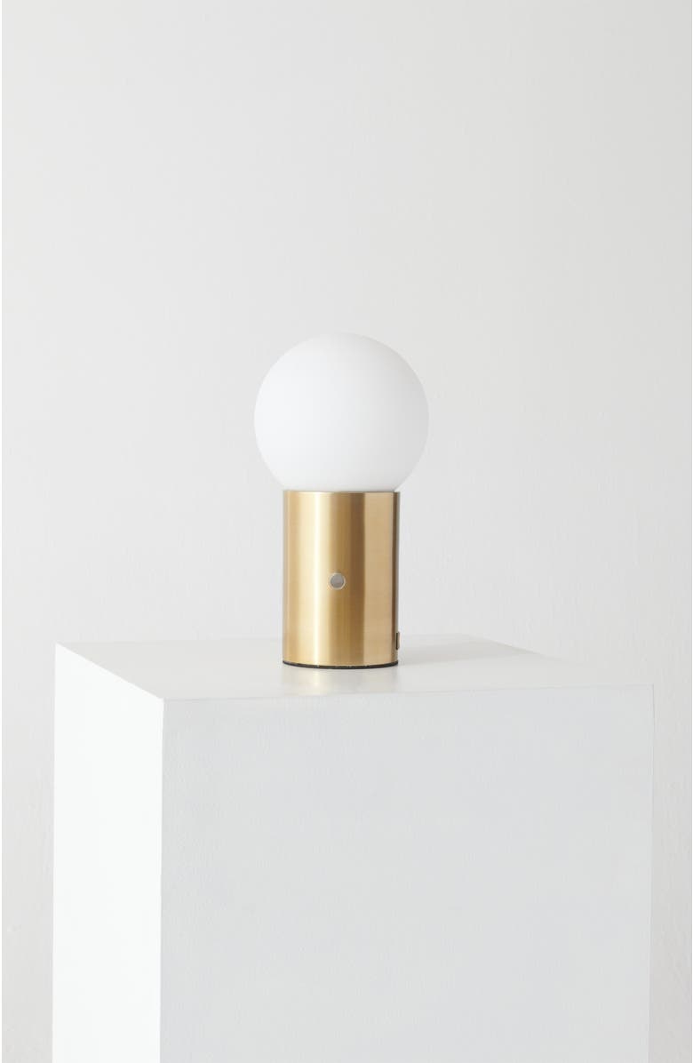 Brightech Kai 11" Modern Frosted Glass Orb Table Lamp with USB Charging Port and Built-In 3-Way Dimmer, Main, color, Antique Brass