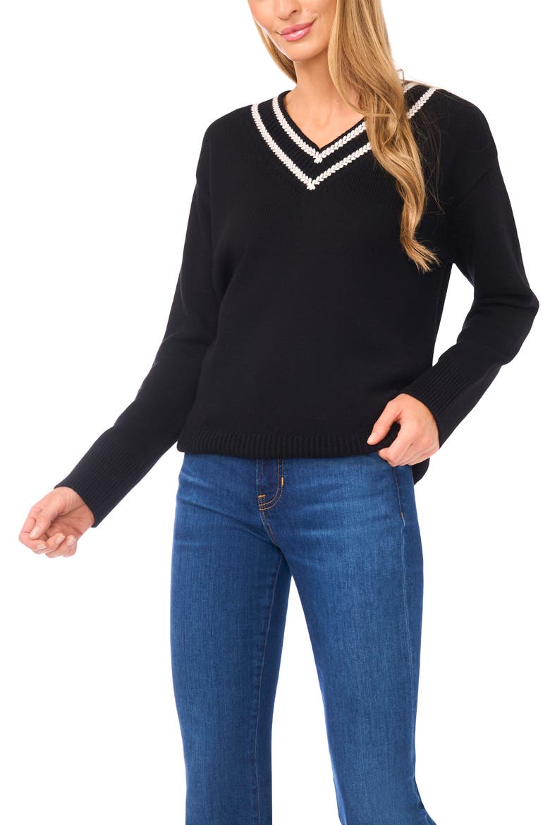 Contrast V-Neck Sweater, Main, color, RICH BLACK