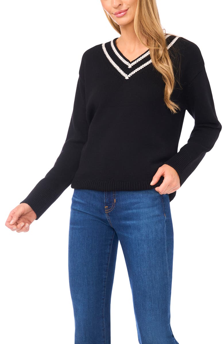 Halogen<sup>®</sup> Contrast V-Neck Sweater, Main, color, Rich Black