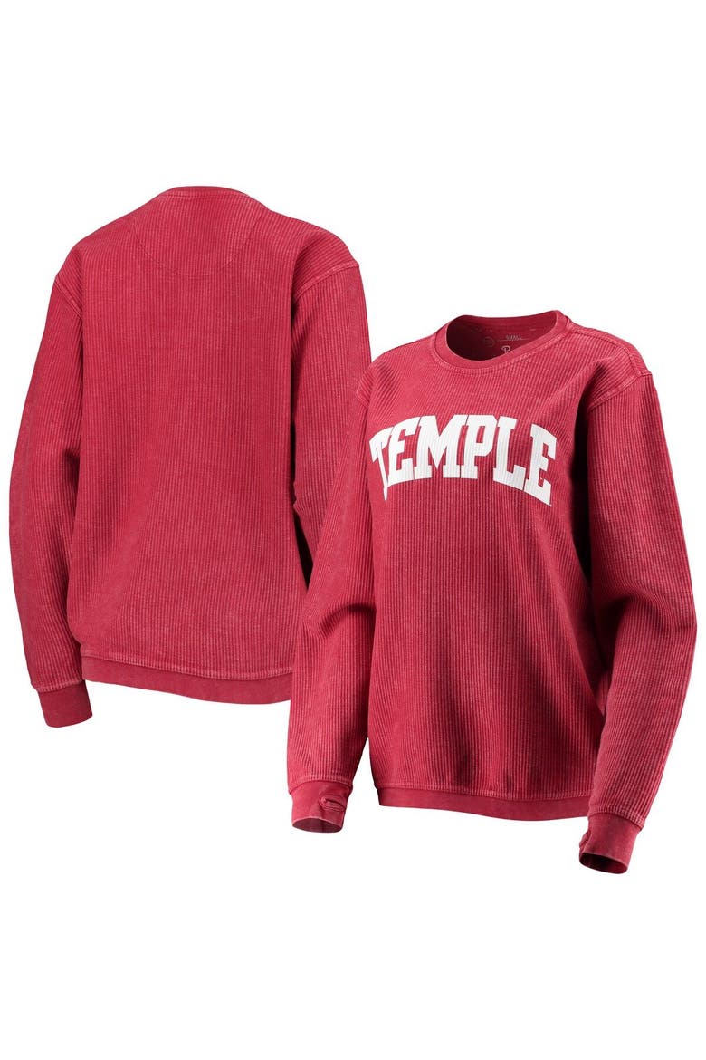 Women's Pressbox Crimson Temple Owls Comfy Cord Vintage Wash Basic Arch Pullover Sweatshirt, Main, color, Crimson