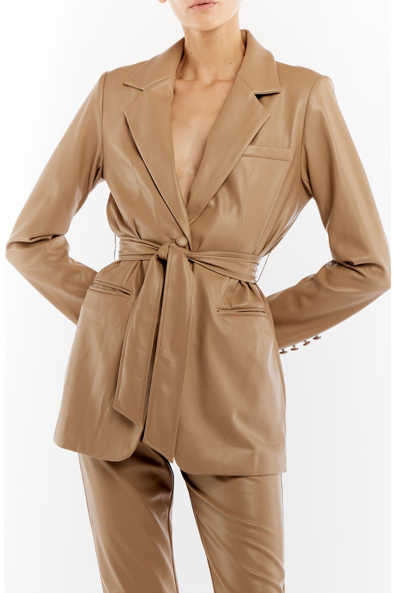 Bardot Belted Faux Leather Jacket, Main, color, TAUPE