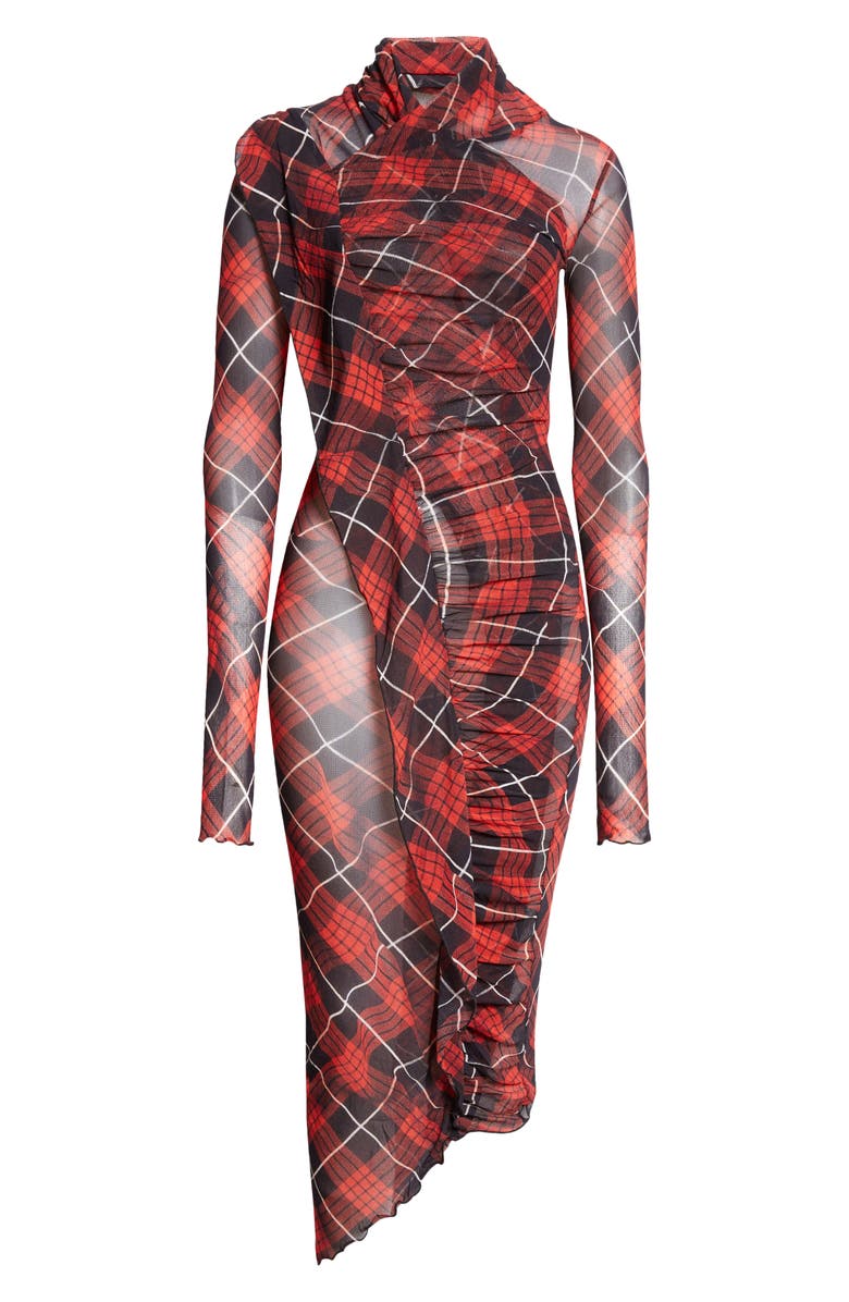 Jean Paul Gaultier Draped Plaid Long Sleeve Mesh Midi Dress, Alternate, color, 