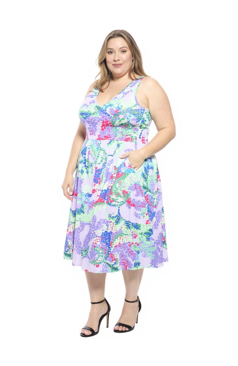 24seven Comfort Apparel Plus Size Abstract V-Neck Sleeveless Pleated Pocket Midi Fit N Flare Dress, Alternate, color, Purple Multi