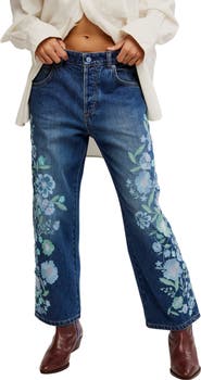 Free People Deep Trance Floral Embroidered Nonstretch Wide Leg Jeans