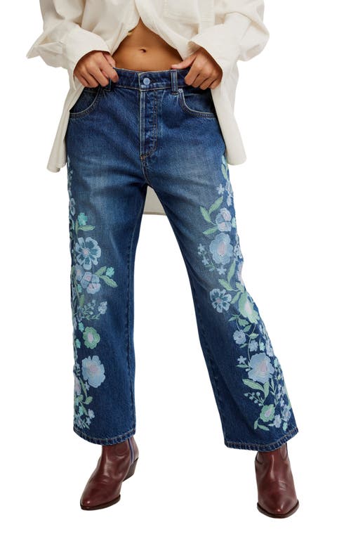Free People Deep Trance Floral Embroidered Nonstretch Wide Leg Jeans In Blue