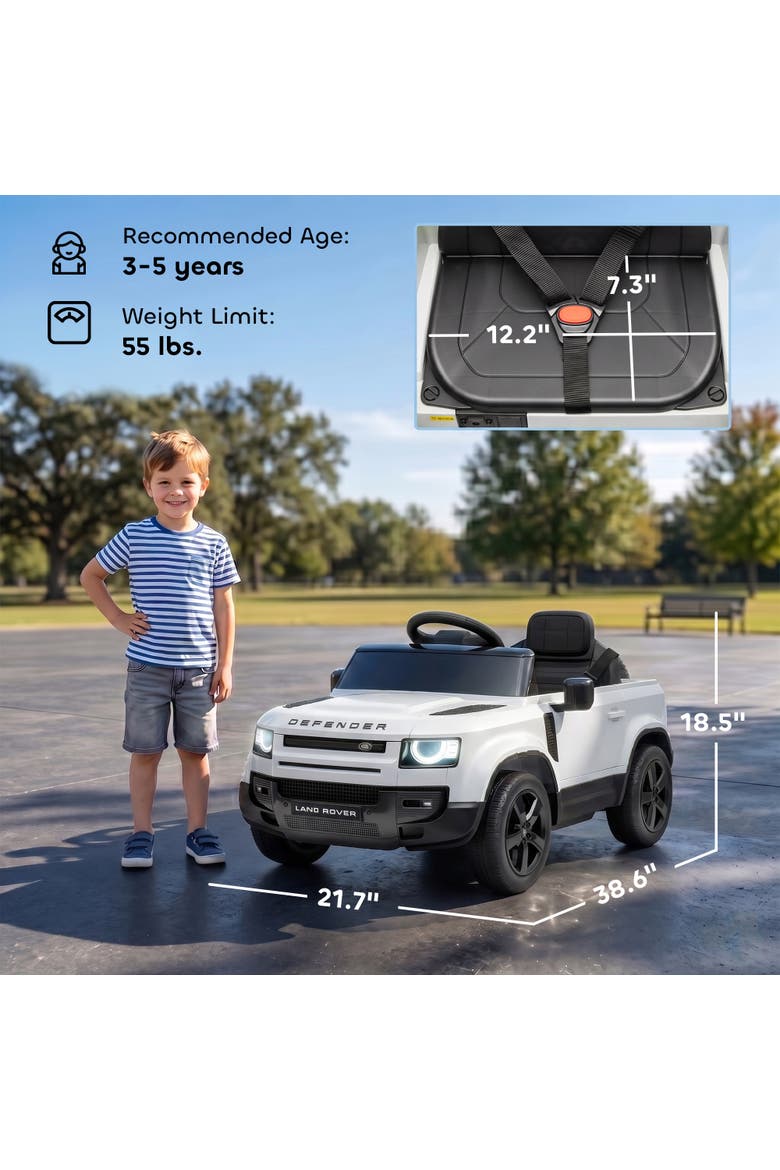 12V Land Rover Defender Ride-On Car, Remote Control, Green, Alternate, color, White