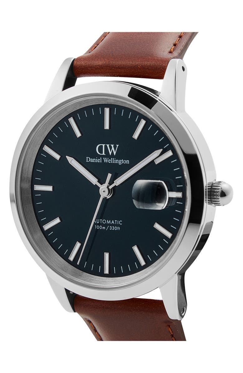 Daniel Wellington Iconic Automatic Leather Strap Watch, 40mm, Alternate, color, Brown/ Silver