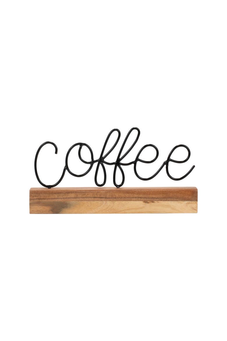 Coffee Wire Metal and Wood Decorative Table Top Sign, Main, color, Brown