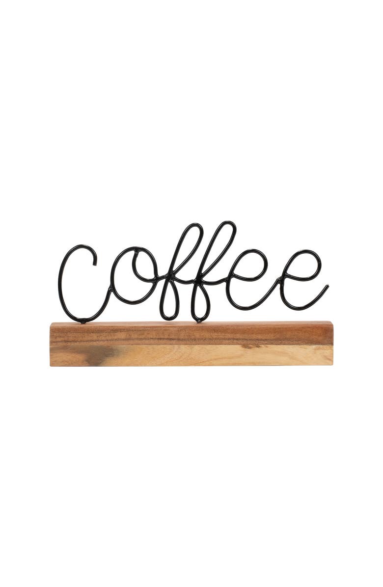 Foreside Home and Garden Coffee Wire Metal and Wood Decorative Table Top Sign, Main, color, Brown