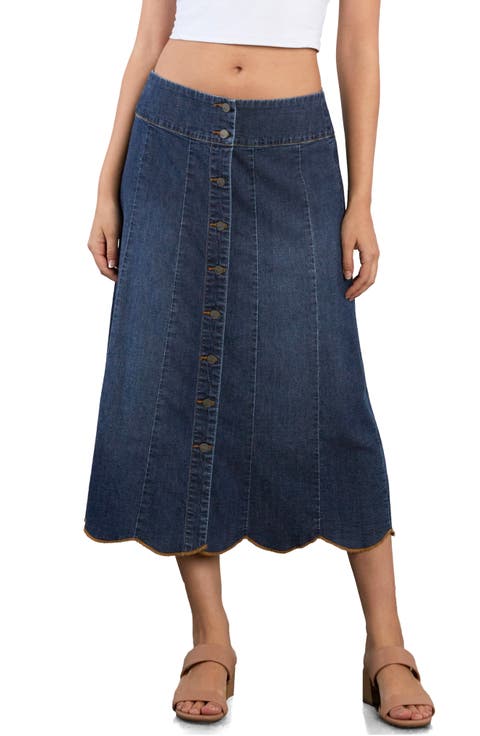 Scallop Denim Midi Skirt