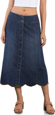 Wash Lab Denim Scallop Denim Midi Skirt