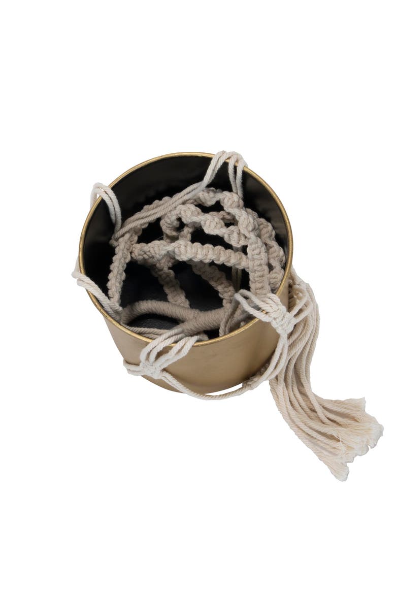 4.75" Macrame Rope Gold Metal Hanging Planter Cylinder Pot Indoor Hanging Planter, Alternate, color, Gold