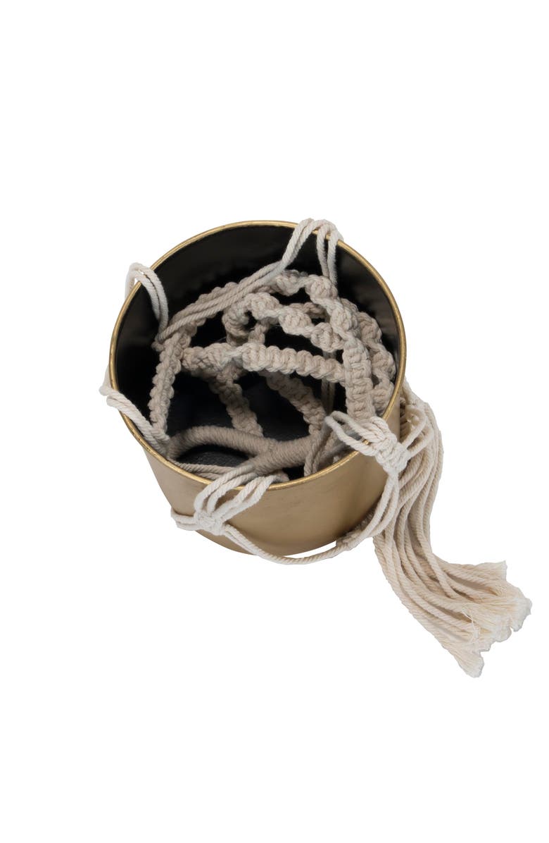 Foreside Home and Garden 4.75" Macrame Rope Gold Metal Hanging Planter Cylinder Pot Indoor Hanging Planter, Alternate, color, Gold