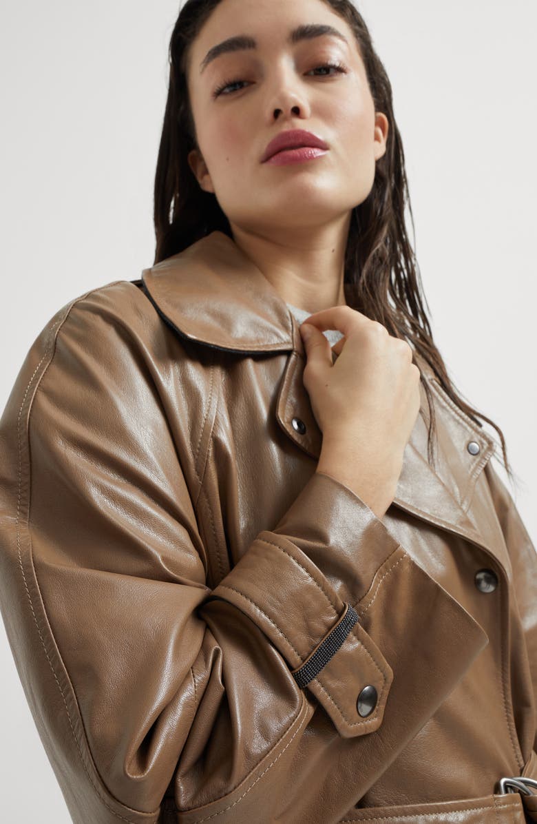 Brunello Cucinelli Polished nappa leather trench with monili, Alternate, color, Cognac