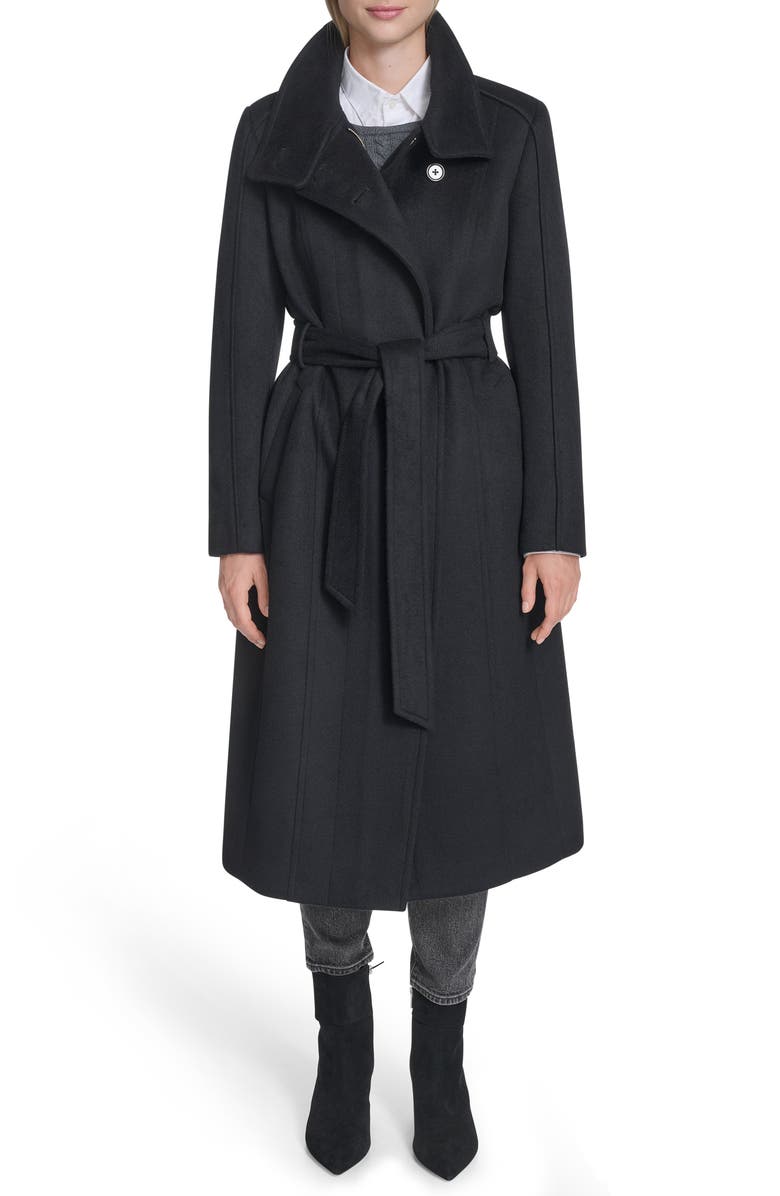 Cole Haan Slick Asymmetric Zip Wool Blend Coat, Alternate, color, Black