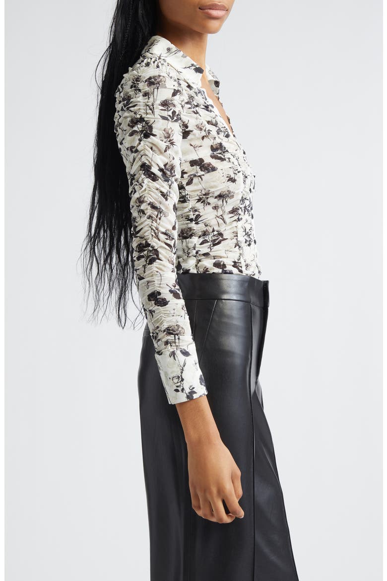 Portia Floral Center Ruched Button-Up Shirt, Alternate, color, ARDEN FOREST