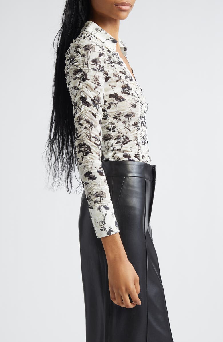 Alice + Olivia Portia Floral Center Ruched Button-Up Shirt, Alternate, color, Arden Forest