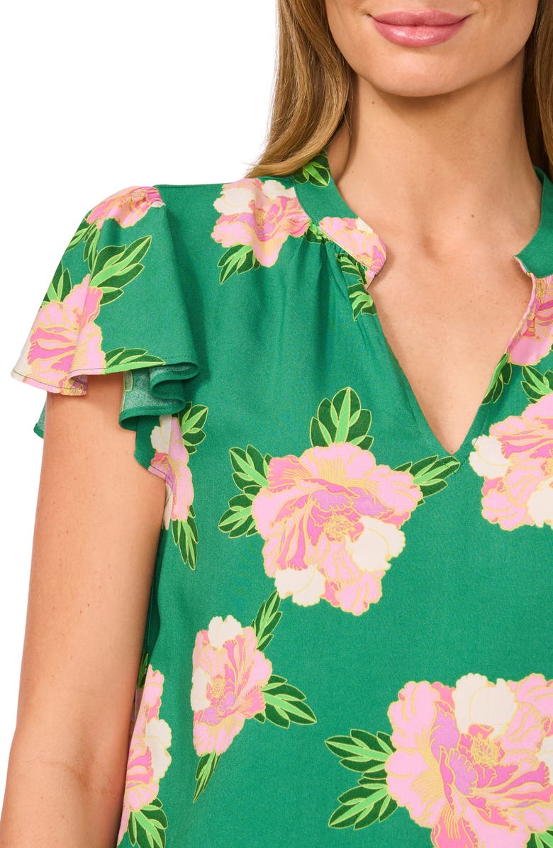 CeCe Floral Flutter Sleeve Top, Alternate, color, Medium Green